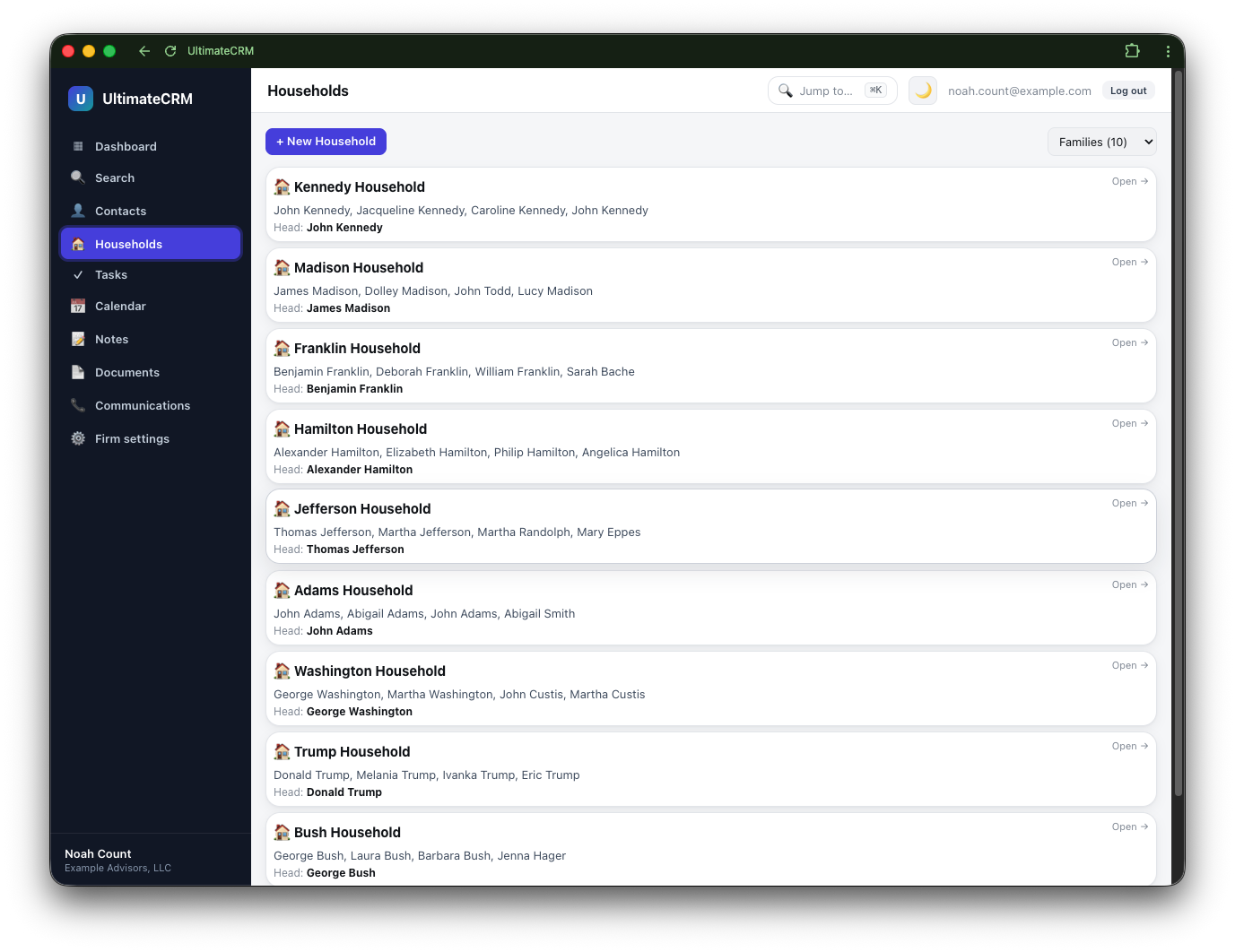 Household planning dashboard screenshot